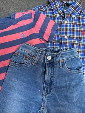 Ralph Lauren Baby Boy 12M 3Pc Outfit Plaid Shirt Jeans Stripe Tee Bundle Blue